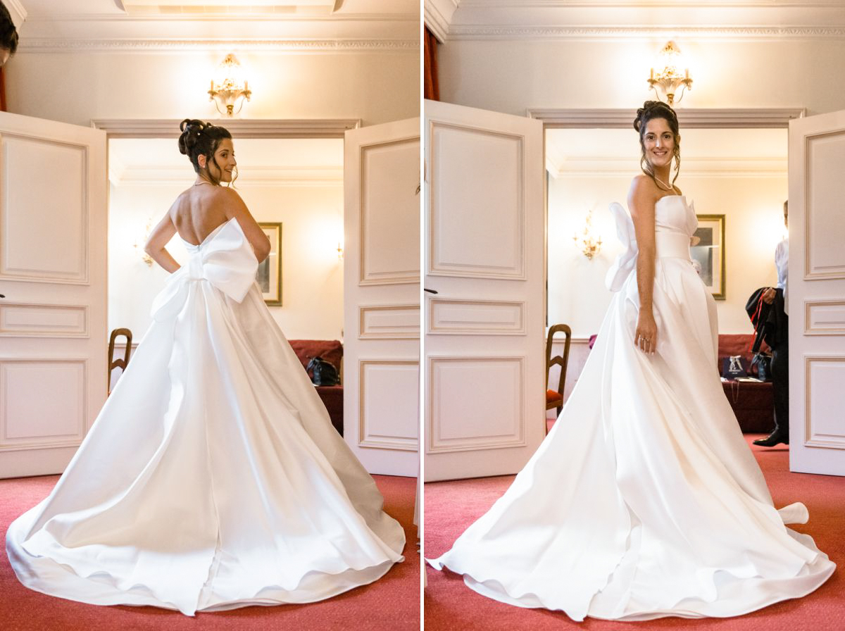 photo de dos de la mariée dans la chambre nuptiale au chateaud es comtes de challes