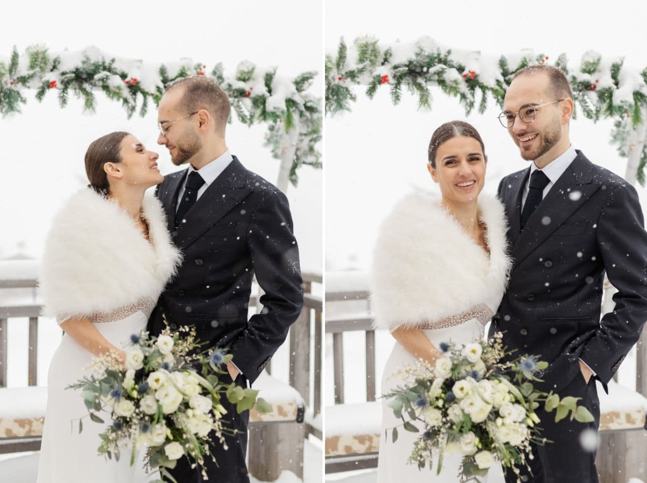 photos des mariés sous la neige à la montagne